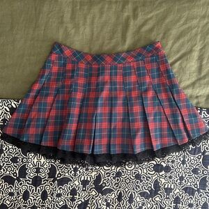 Urban Outfitters Red and Blue Mini Skirt with black lace trim